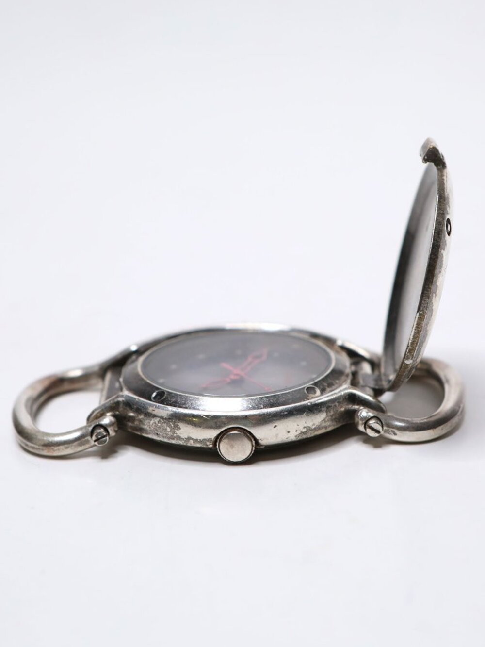 Vintage Guess Silver Tone Flip Top Pocket Watch Red Hands Japan Movt New Battery - Picture 8 of 10